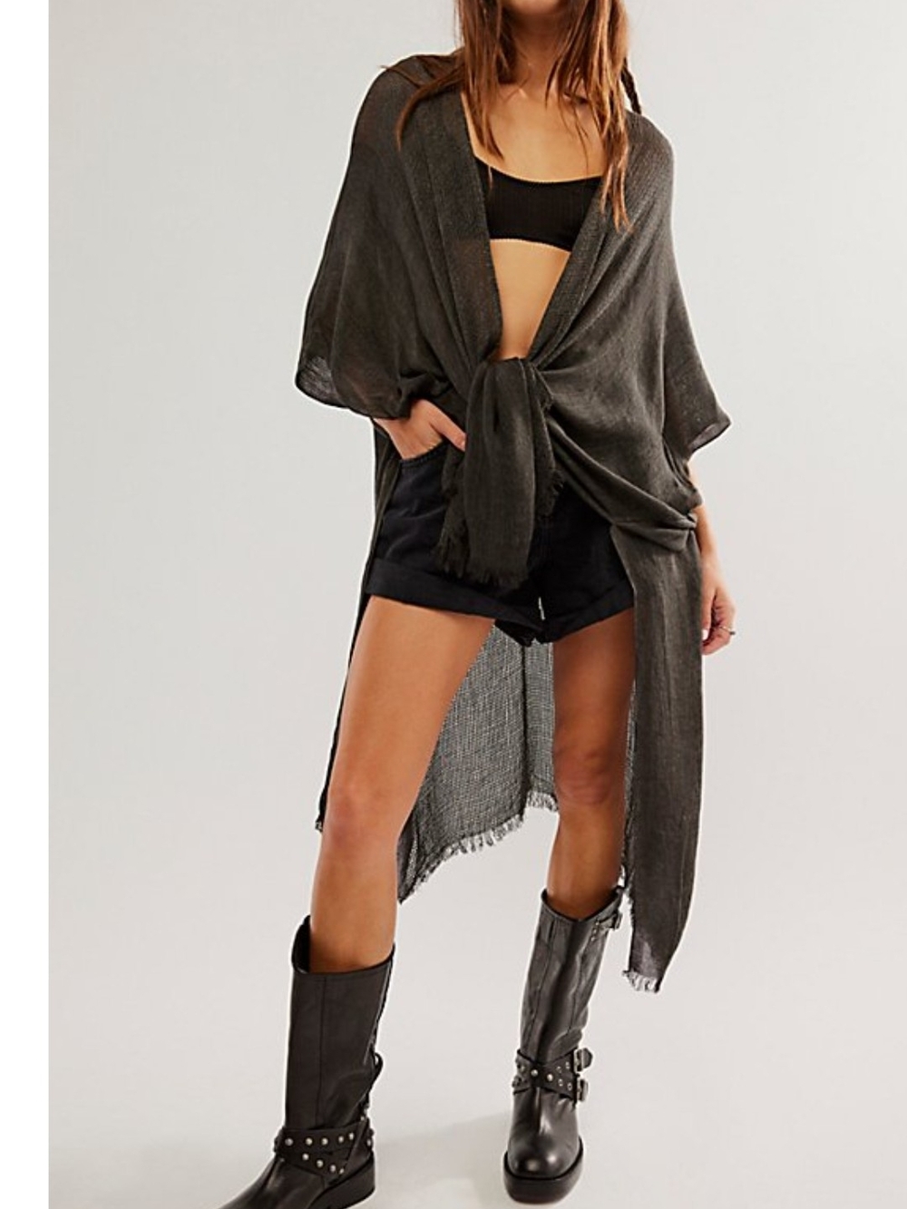 Lightweight Charcoal Day Dream Washed Fringe Kimono One Size - Picture 2 of 6
